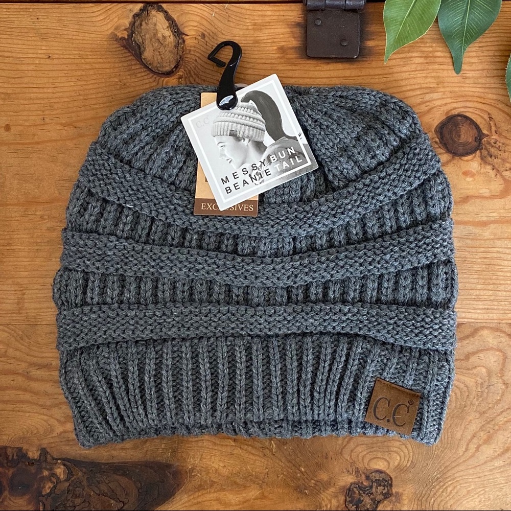 Dark Melange Grey Messy Bun Ponytail CC Beanie